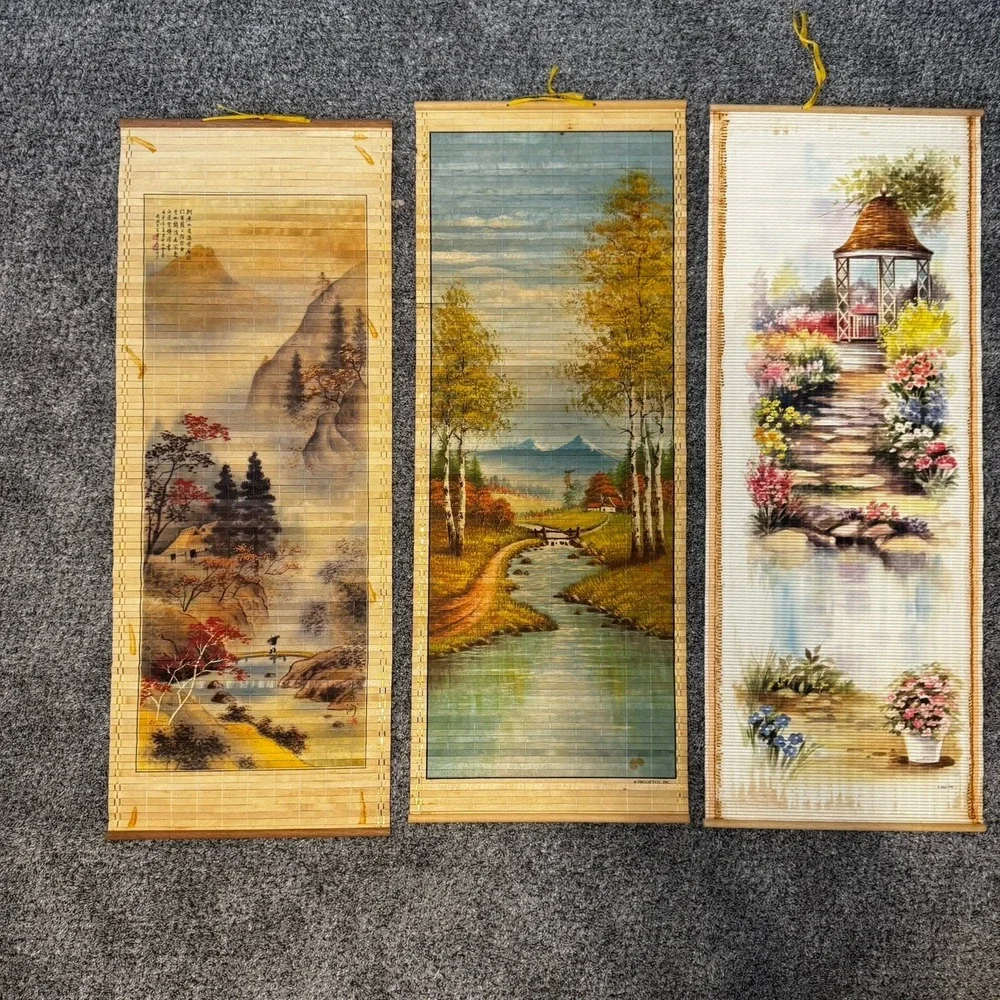 Vintage Giftco 1982, 1983 & 1992 Bamboo Art Wall Scroll Calendars Lot Butterfly